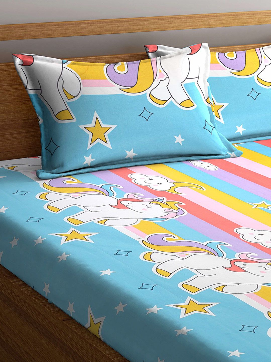 Watak Kartun Biru KLOTTHE 300 TC Cadar Tempat Tidur King Halus dengan 2 Sarung Bantal-250X225 cm
