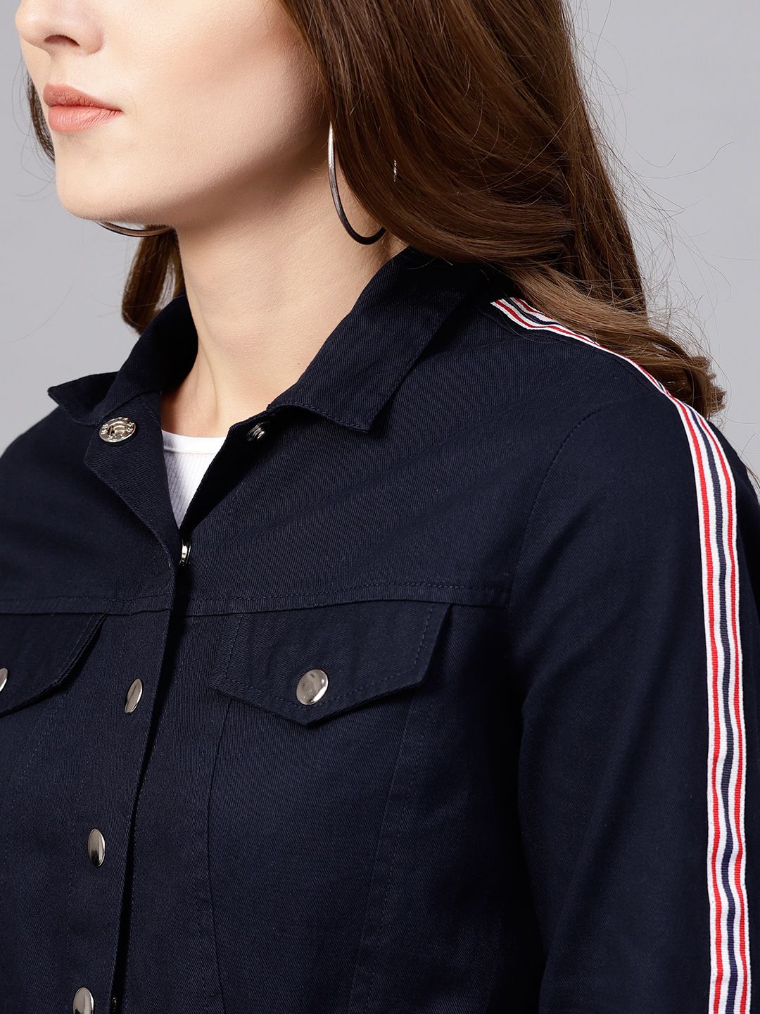 STREET 9 Women Navy Blue Solid Crop Jacket