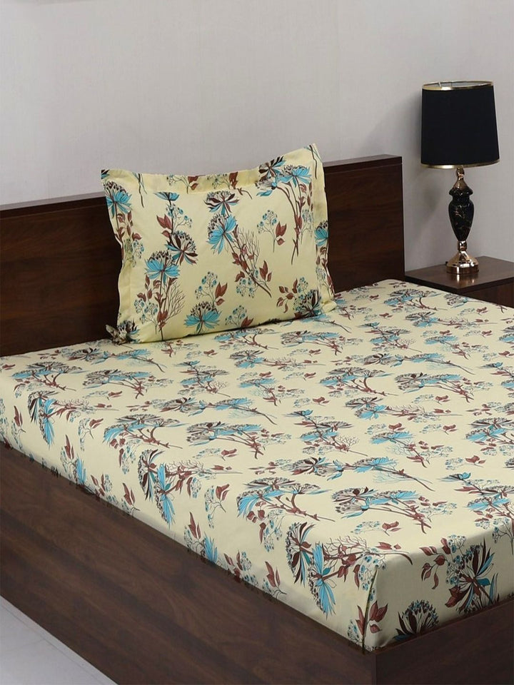BOMBAY DYEING Brown & White Floral Cotton 140 TC Single Bedsheet Set-1.50 m X 2.28 m