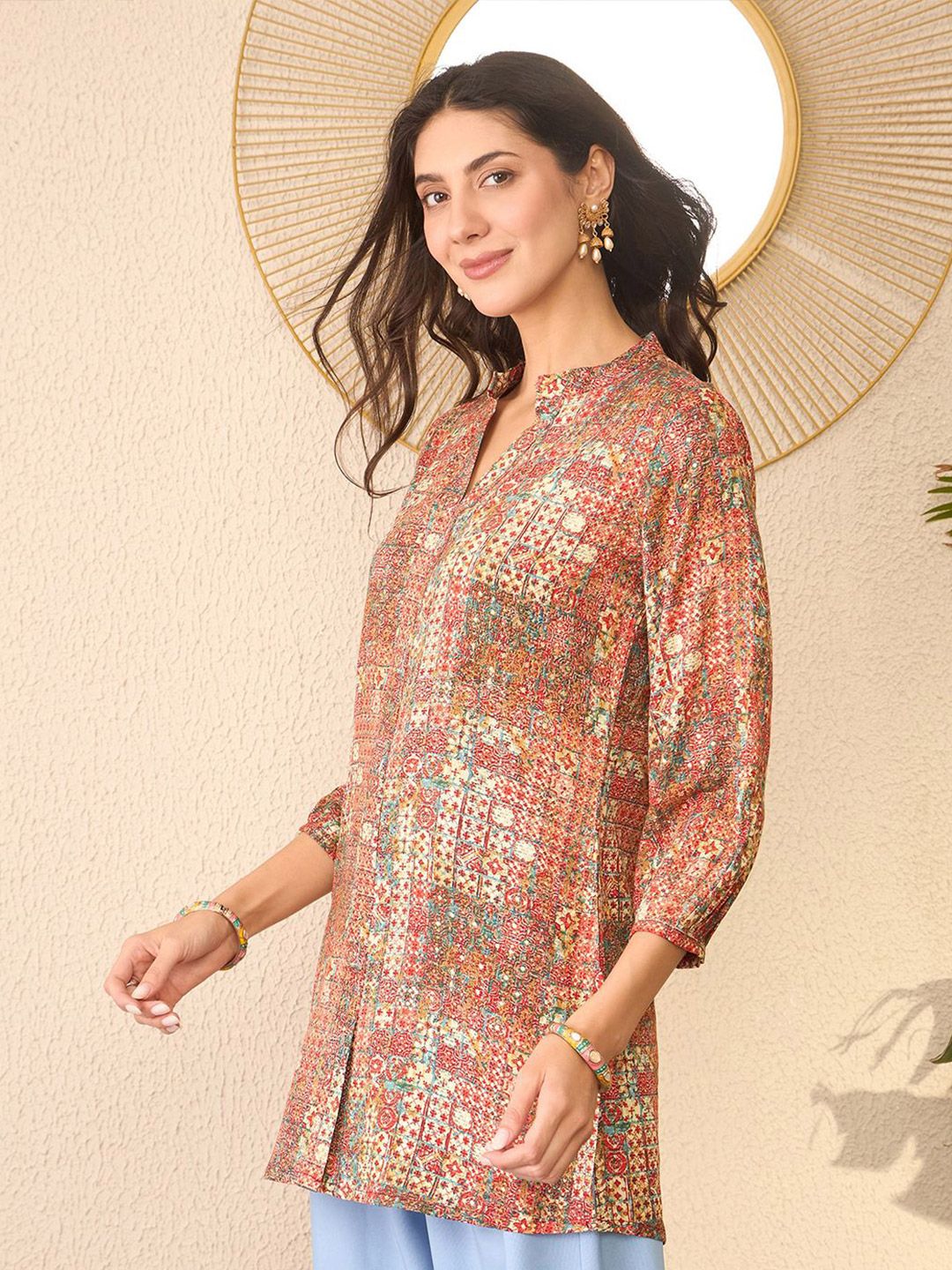 KALINI Print Mandarin Collar Top