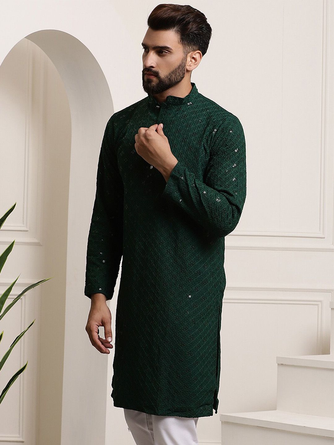 SOJANYA Dihiasi Pure Cotton Kolar Mandarin Kurta Lurus