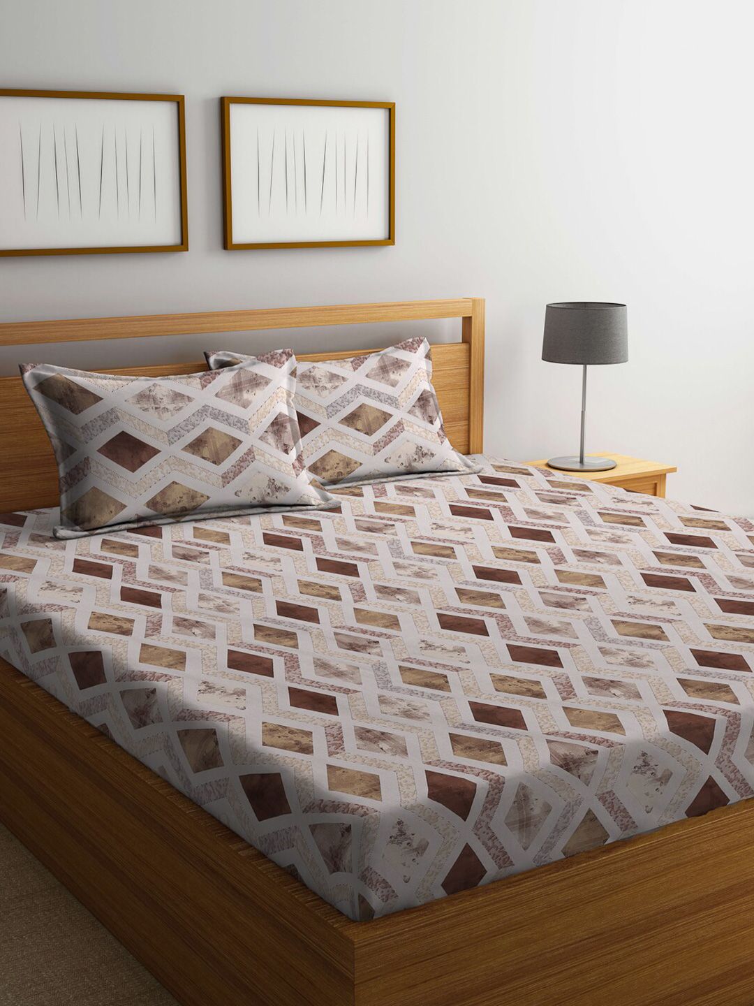 KLOTTHE Putih & Perang Kapas Tulen Cetakan Geometrik 400 TC Cadar King & 2 Sarung Bantal