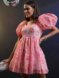 Tokyo Talkies Floral Printed Puff Sleeves Gathered Detail Fit & Flare Dress