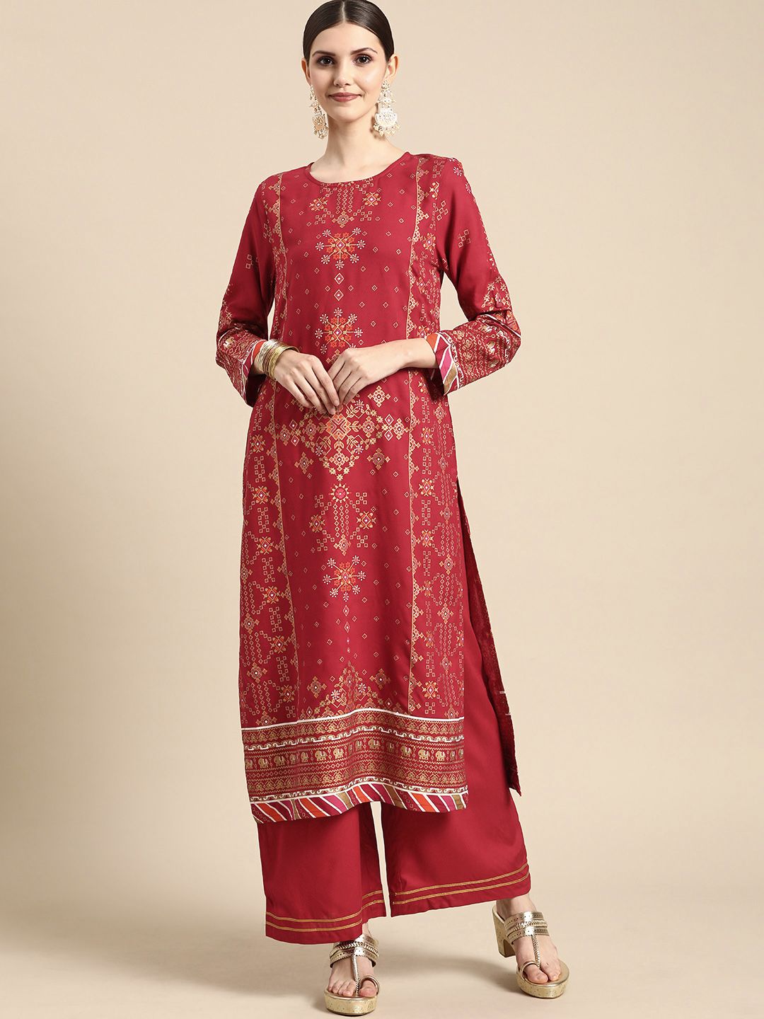 Anouk Women Red & Golden Ethnic Motifs Printed Gotta Patti Kurta with Palazzos
