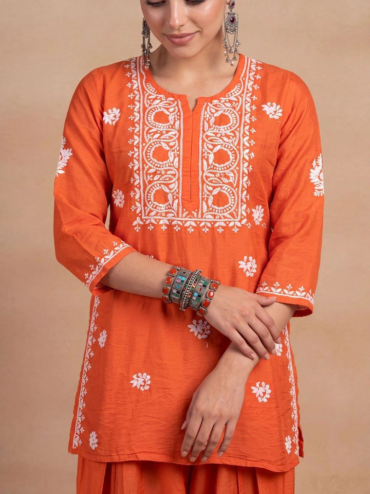 House of Chikankari Women Ethnic Motifs Embroidered Regular Thread Work Chanderi Silk Kurta with Patiala