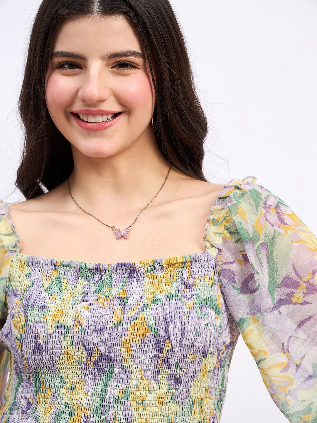 Berrylush Floral Print Bishop Sleeves Georgette Crop Top
