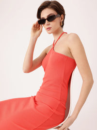 DressBerry Coral Craze 'It Girl' Halter Neck Hugged Ribbed Bodycon Dress