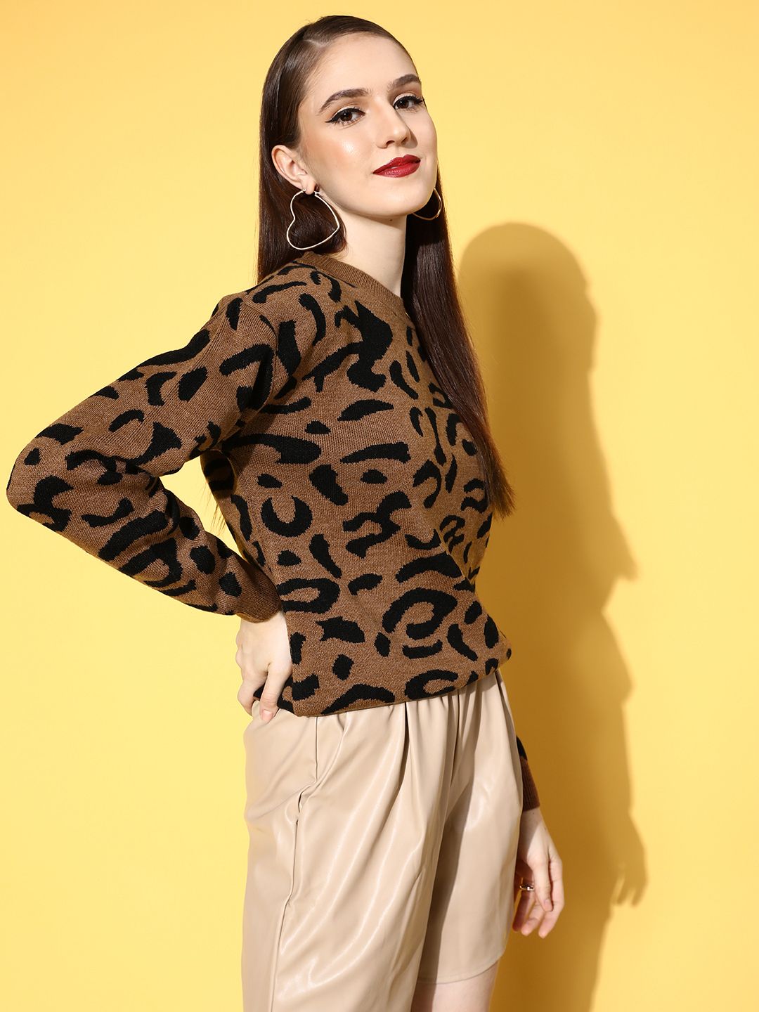 Berrylush Women Chic Brown Animal Printed Knits Bits Sweater