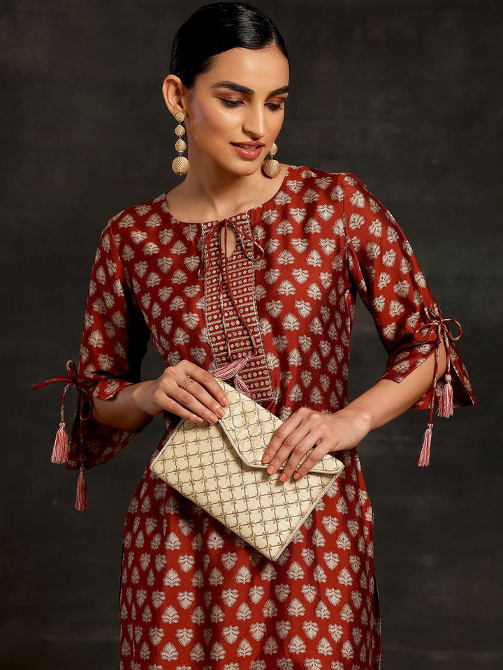 Libas Floral Printed Tie-Up Neck Three-Quarter Sleeves Sequinned Kurta with Trousers