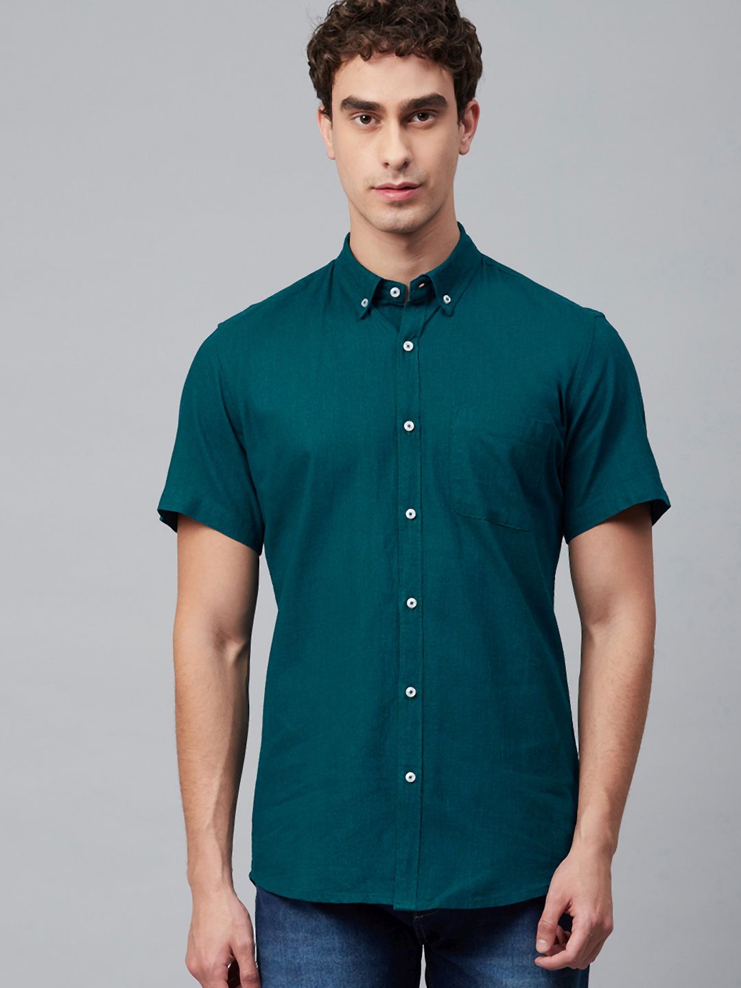 DENNISON Men Teal Green Smart Slim Fit Solid Cotton Linen Casual Shirt