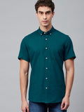 DENNISON Men Teal Green Smart Slim Fit Solid Cotton Linen Casual Shirt