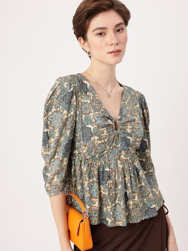 DressBerry Indie Boho Printed Puff Sleeves Gathered A-Line Top
