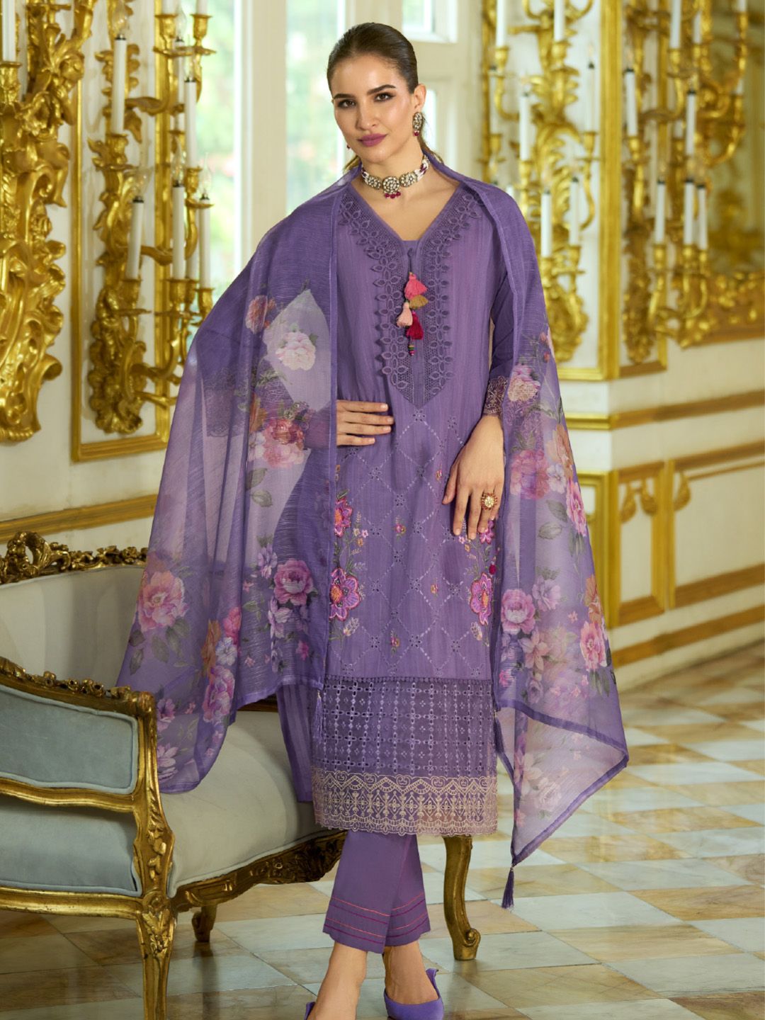 Varanga Nazrana Floral Thread Embroidered Schiffli Orangza Lace Kurta Trouser & Dupatta