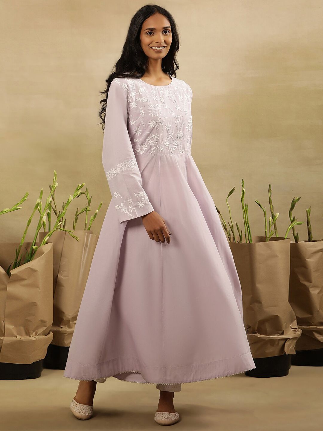 W Floral Yoke Design Thread Work Pastels Pure Cotton Anarkali Kurta
