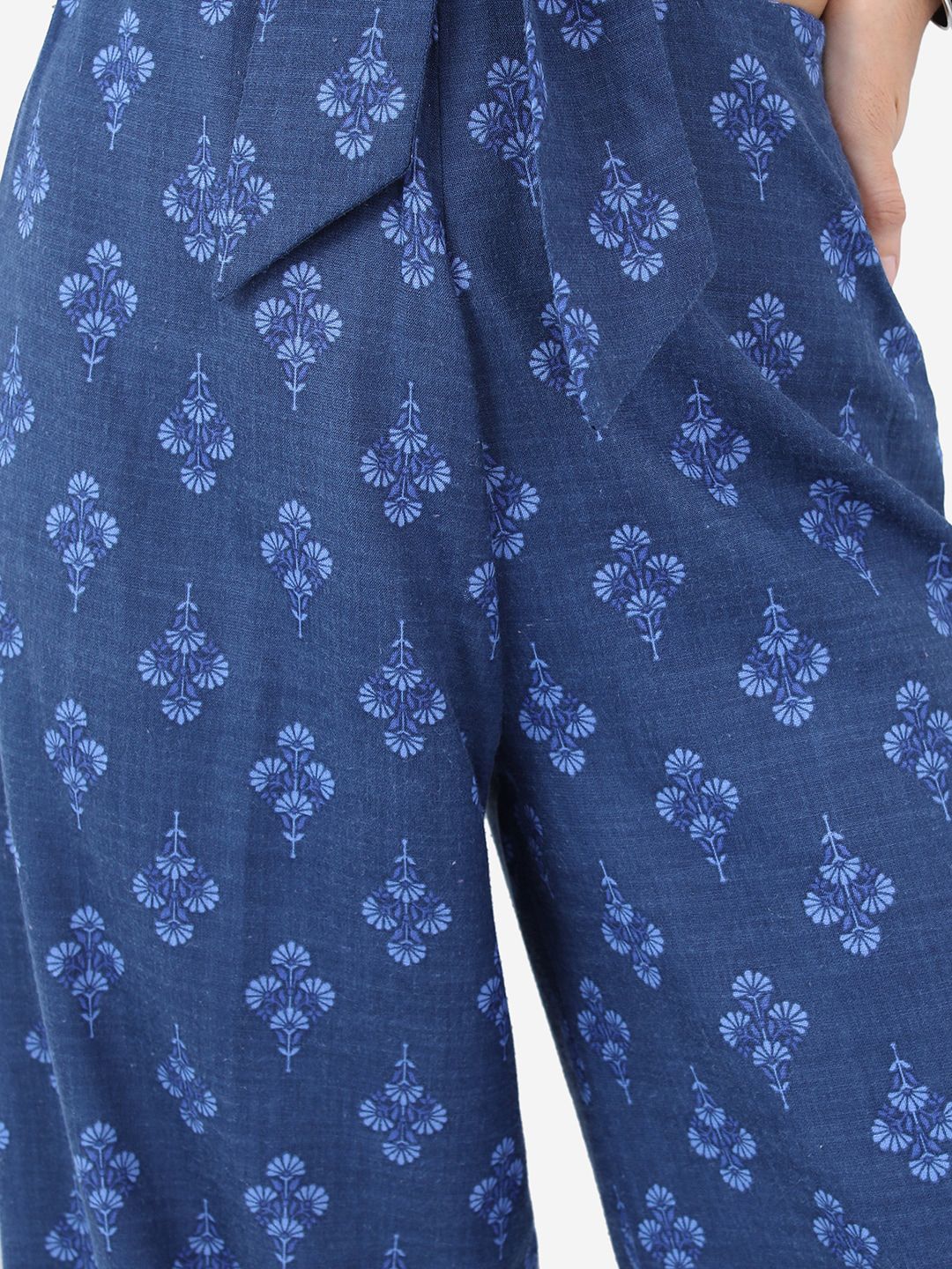 Vishudh Navy Blue Floral Printed Puff Sleeves Tie Ups Detail Regular Top With Palazzos