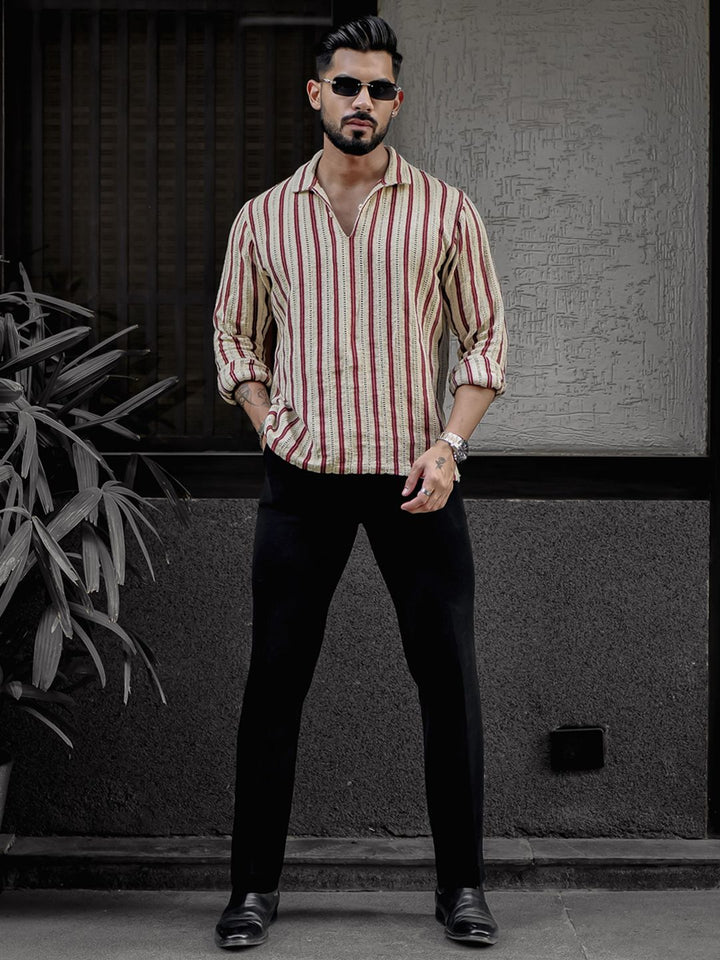 Powerlook Men Spread Collar Vertical Striped Casual Shirt
