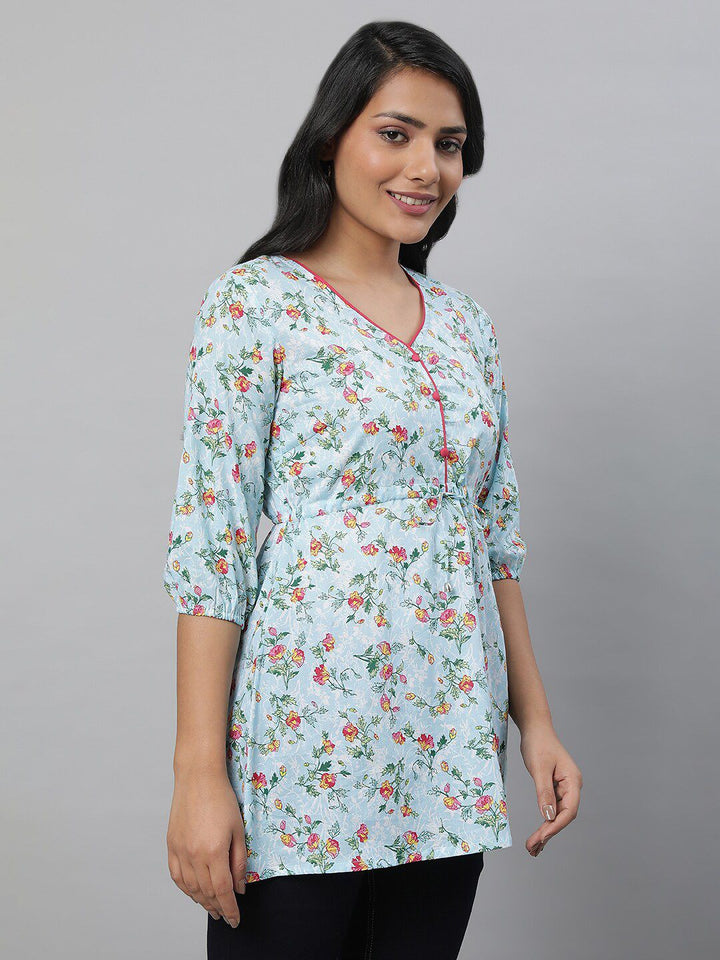 AURELIA Blue Floral Printed V-Neck Pure Cotton Kurti