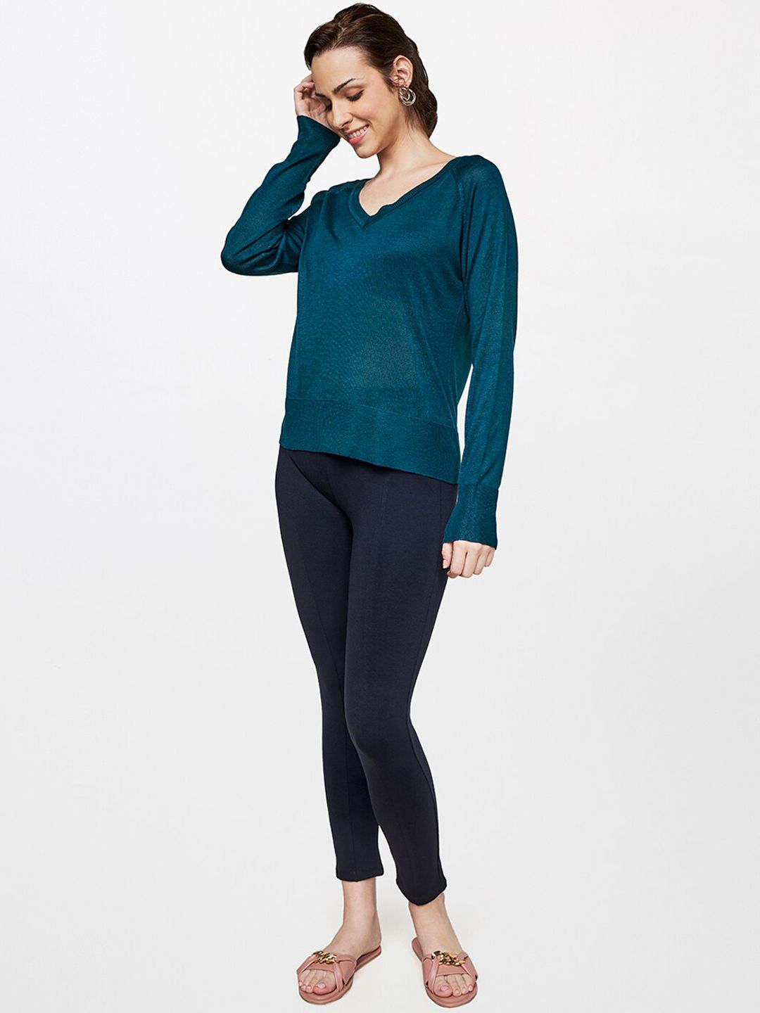 AND Women Blue Solid Skinny Fit Trousers