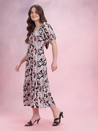 DressBerry Floral Print Puff Sleeve A-Line Midi Dress