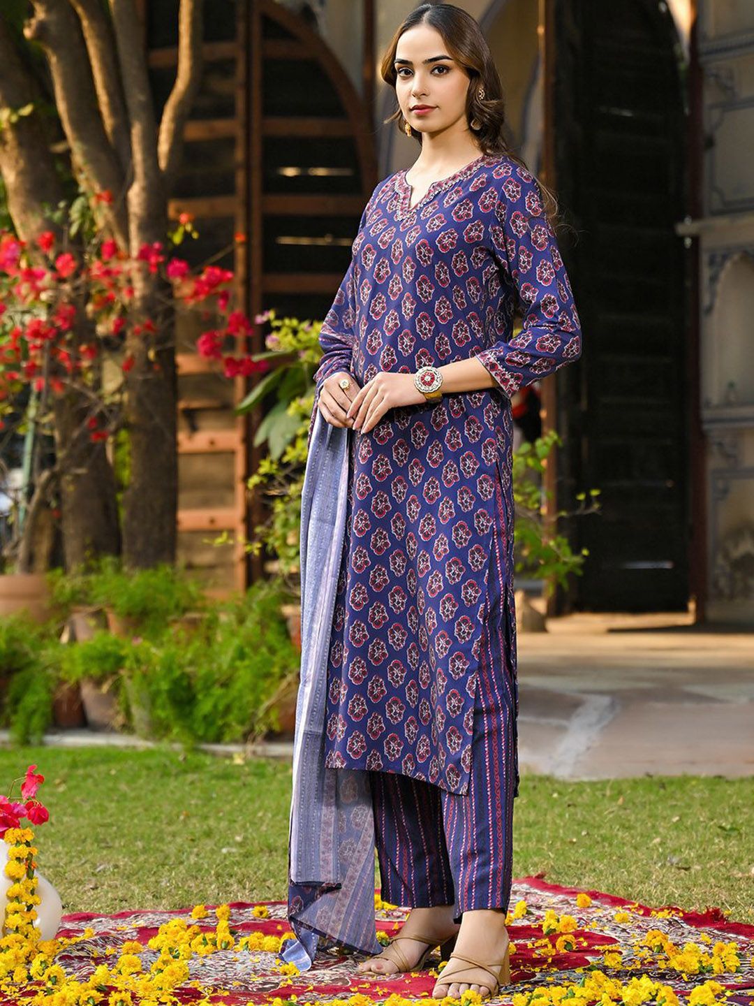 KALINI Floral Printed V-Neck Gotta Patti Straight Kurta With Trousers & Dupatta