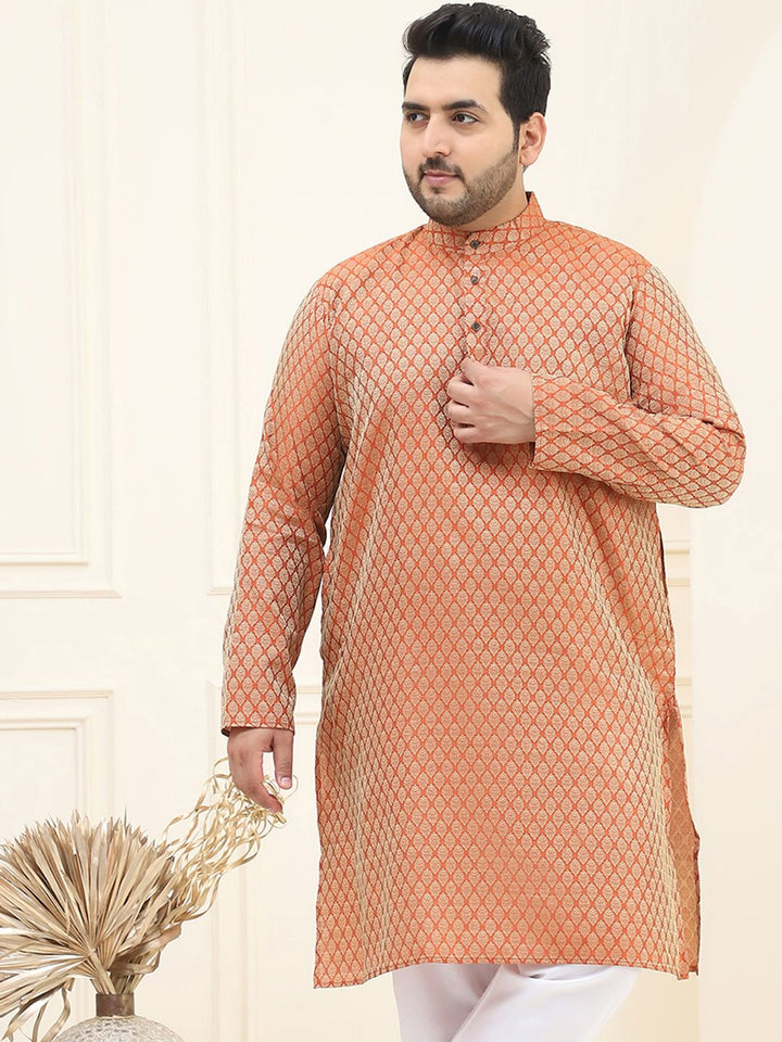 SOJANYA PLUS Lelaki Rust & Golden Jacquard Silk Woven Design Kurta Lurus