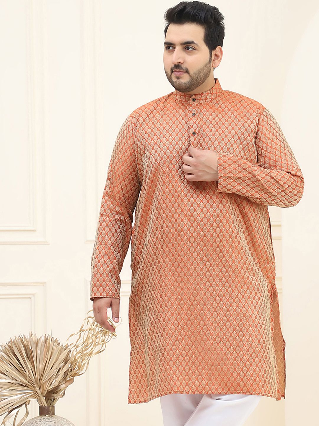 SOJANYA PLUS Lelaki Rust & Golden Jacquard Silk Woven Design Kurta Lurus