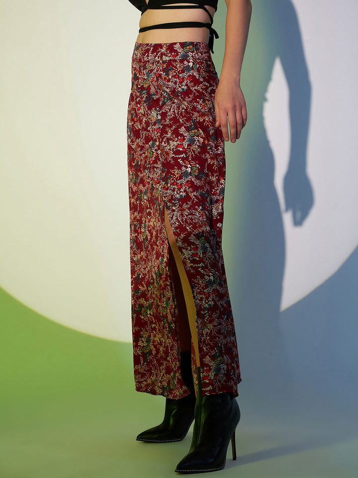 Berrylush Maroon Floral Printed High Rise A-line Maxi Skirt