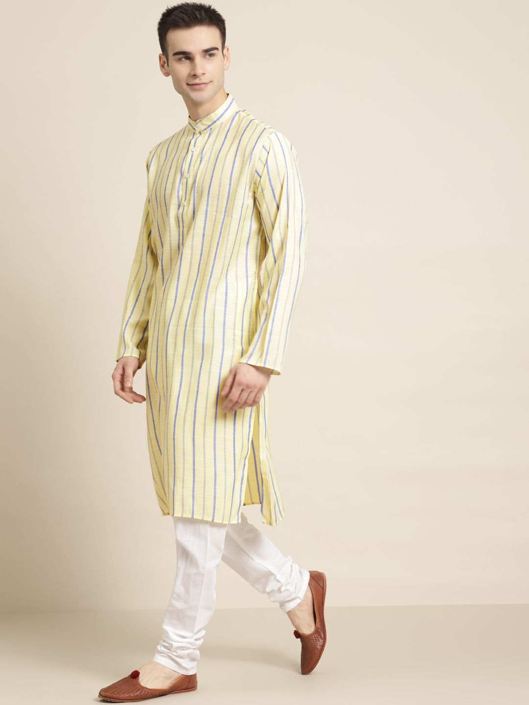 SOJANYA Kurta Lurus Berjalur Kapas Kuning & Ungu Lelaki