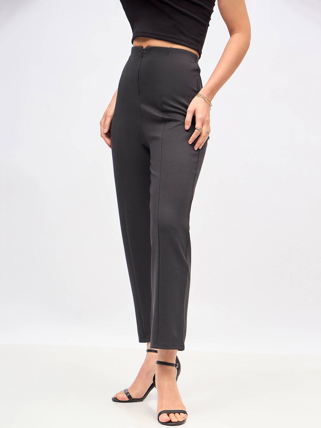 SASSAFRAS Women Charcoal Straight Fit High-Rise Pleated Trousers