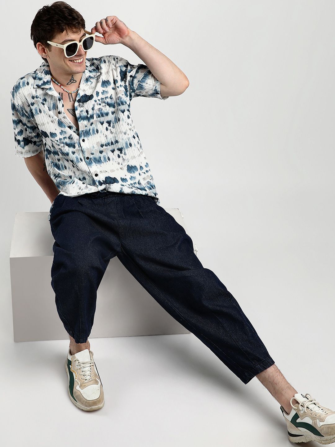 Campus Sutra Men Comfort Cuban Collar Water Strokes Printed Oversized Casual Shirt