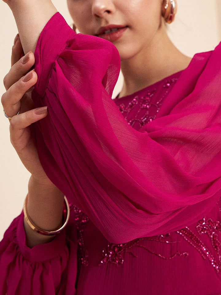 Antheaa Pink Puff Sleeve Embellished Detail Fit & Flare Dress