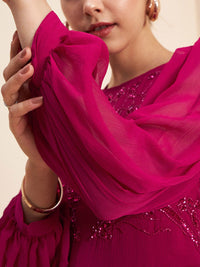 Antheaa Pink Puff Sleeve Embellished Detail Fit & Flare Dress
