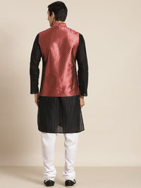 SOJANYA Lelaki Black Chikankari Pure Cotton Kurta with Churidar & Nehru Jacket