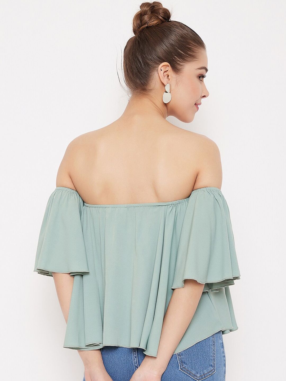 Berrylush Women Green Solid Bardot Top