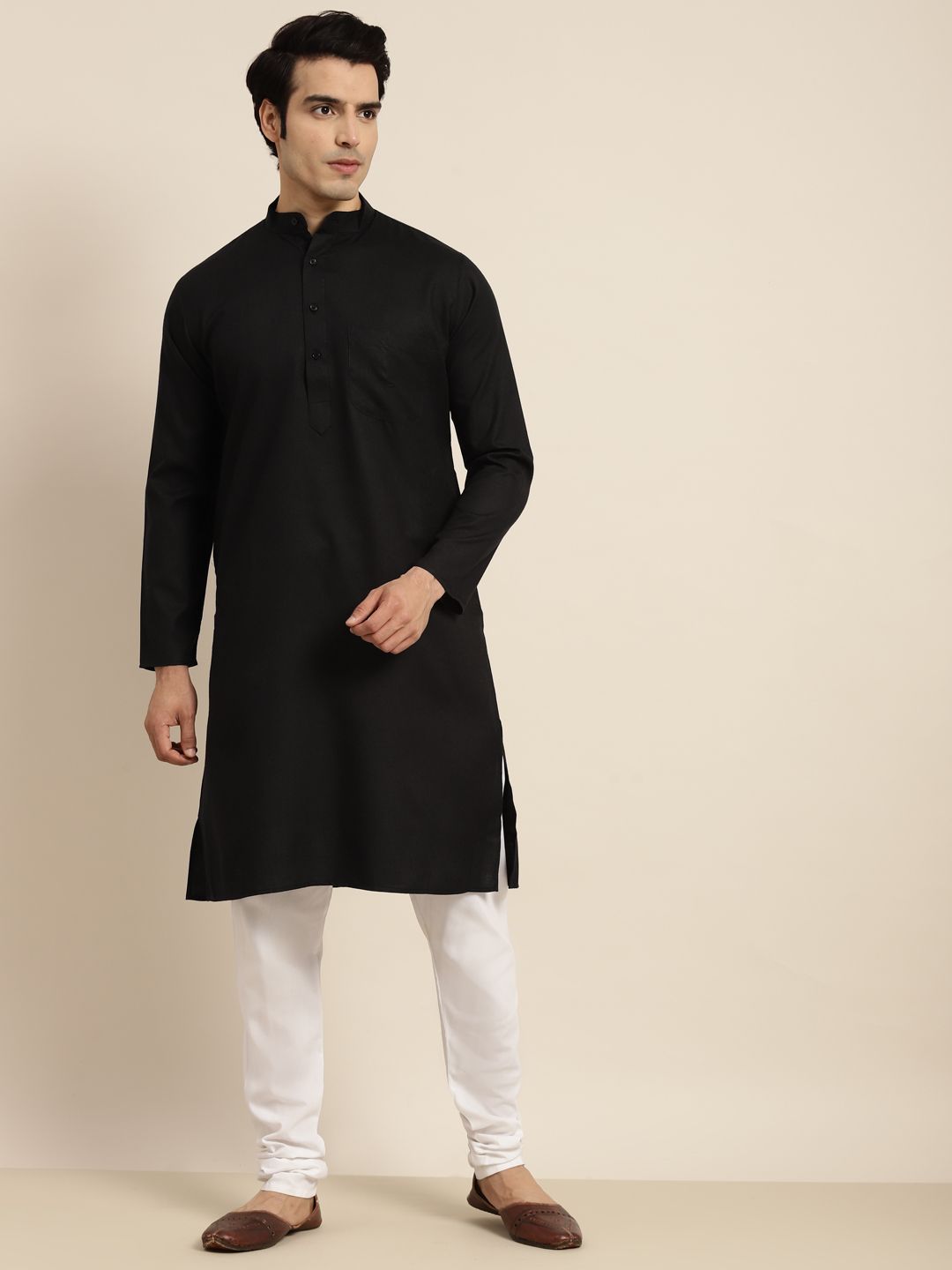 Anug by SOJANYA Men Black Dobby Band Collar Kurta