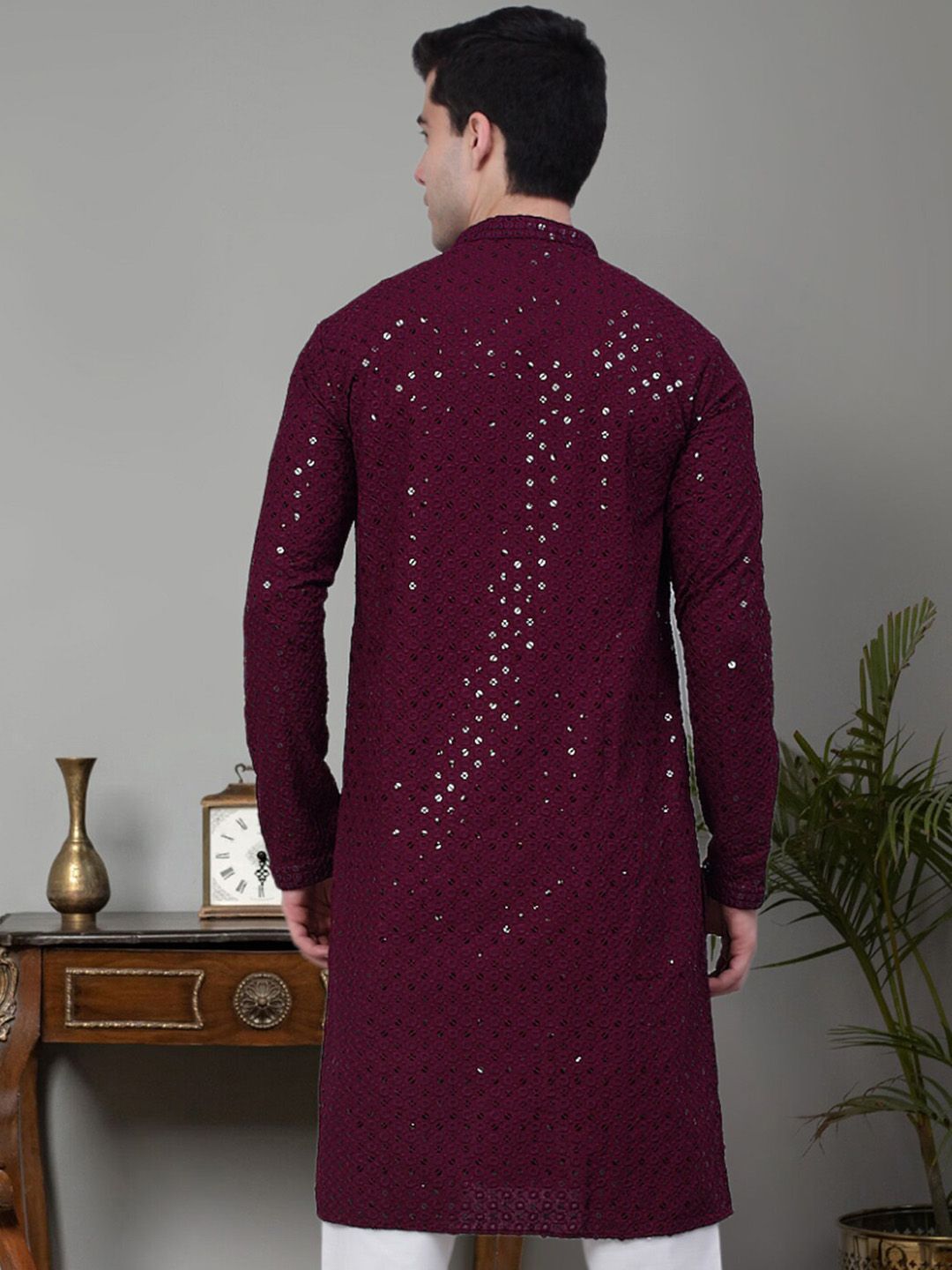 Jompers Embroidered Mandarin Collar Pure Cotton Chikankari Kurta