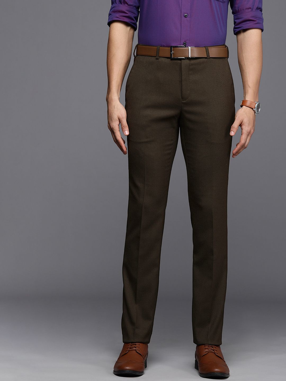 Raymond Men Brown Flat-Front Solid Formal Trousers