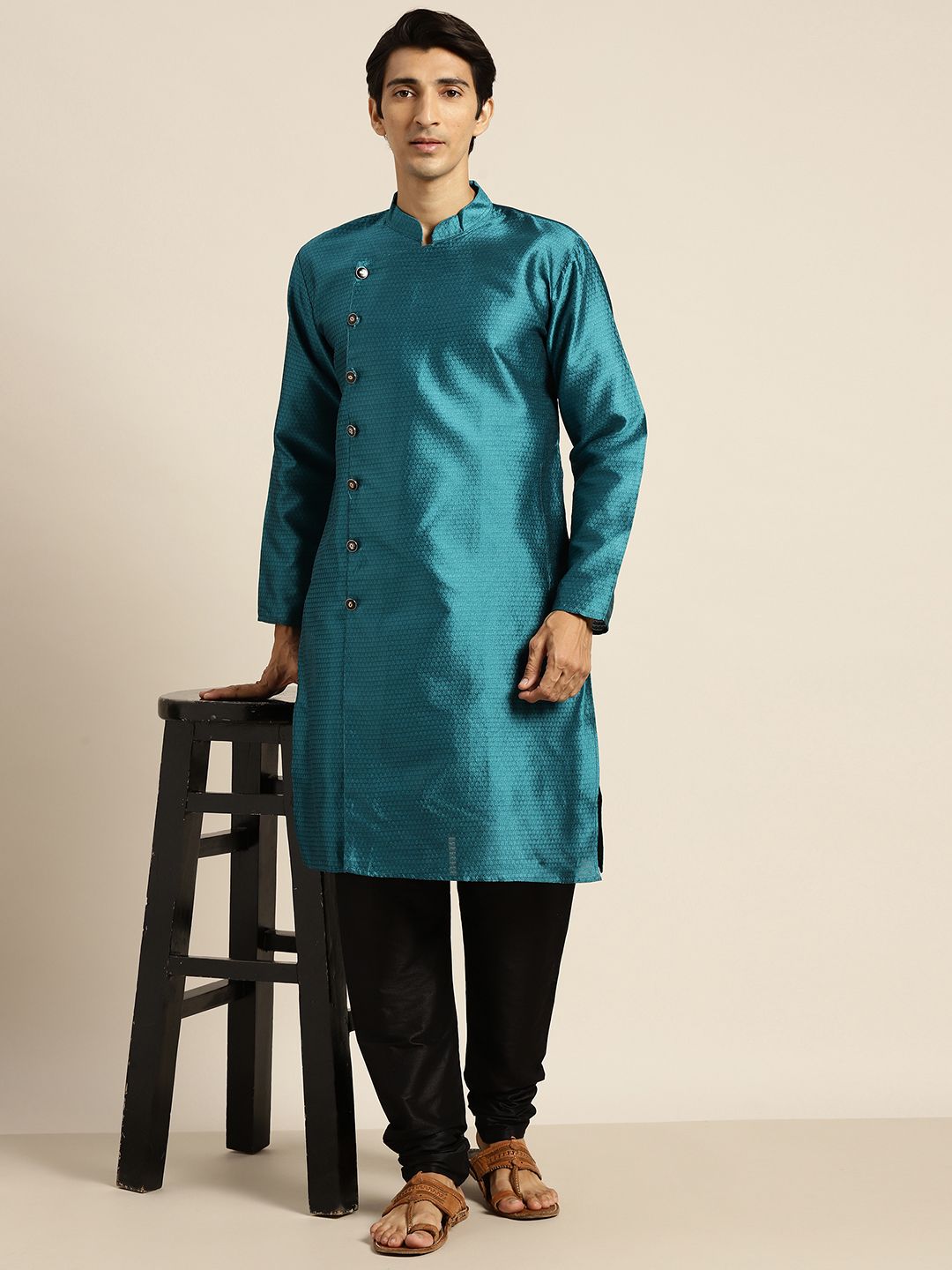 SOJANYA Men Teal Blue Woven Design Kurta