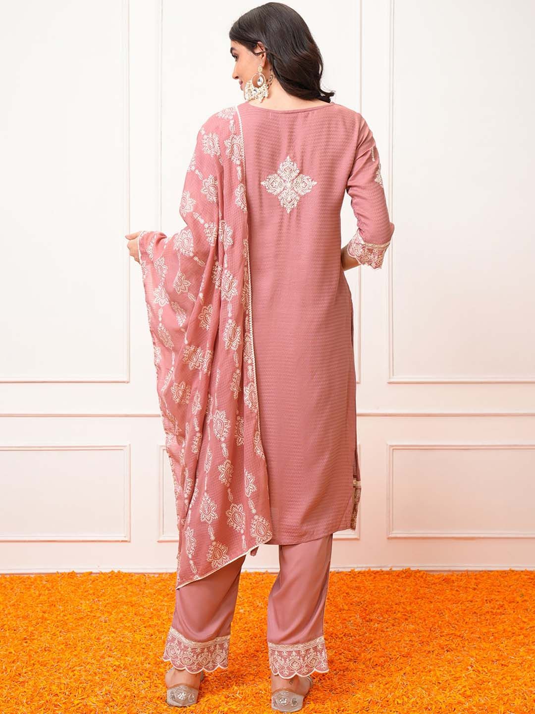 Vishudh Rose Ethnic Motifs Embroidered Regular Kurta with Trouser & Dupatta
