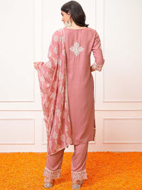 Vishudh Rose Ethnic Motifs Embroidered Regular Kurta with Trouser & Dupatta
