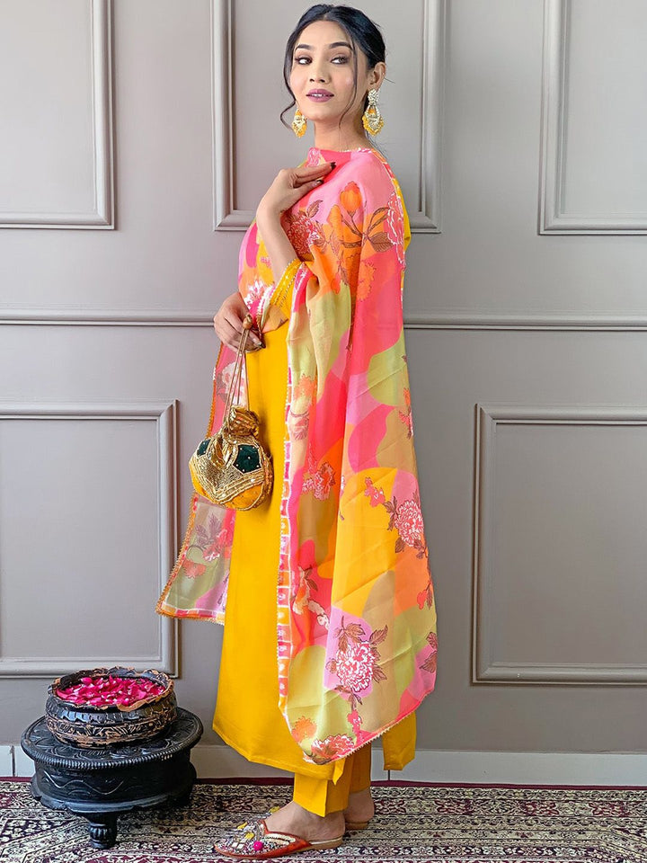 KALINI Floral Embroidered Straight Kurta With Trousers & Dupatta
