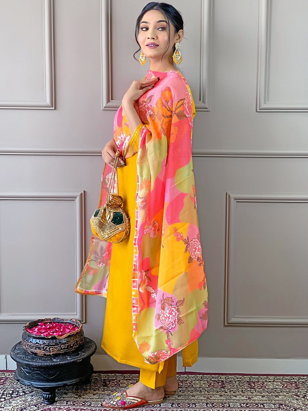 KALINI Floral Embroidered Straight Kurta With Trousers & Dupatta