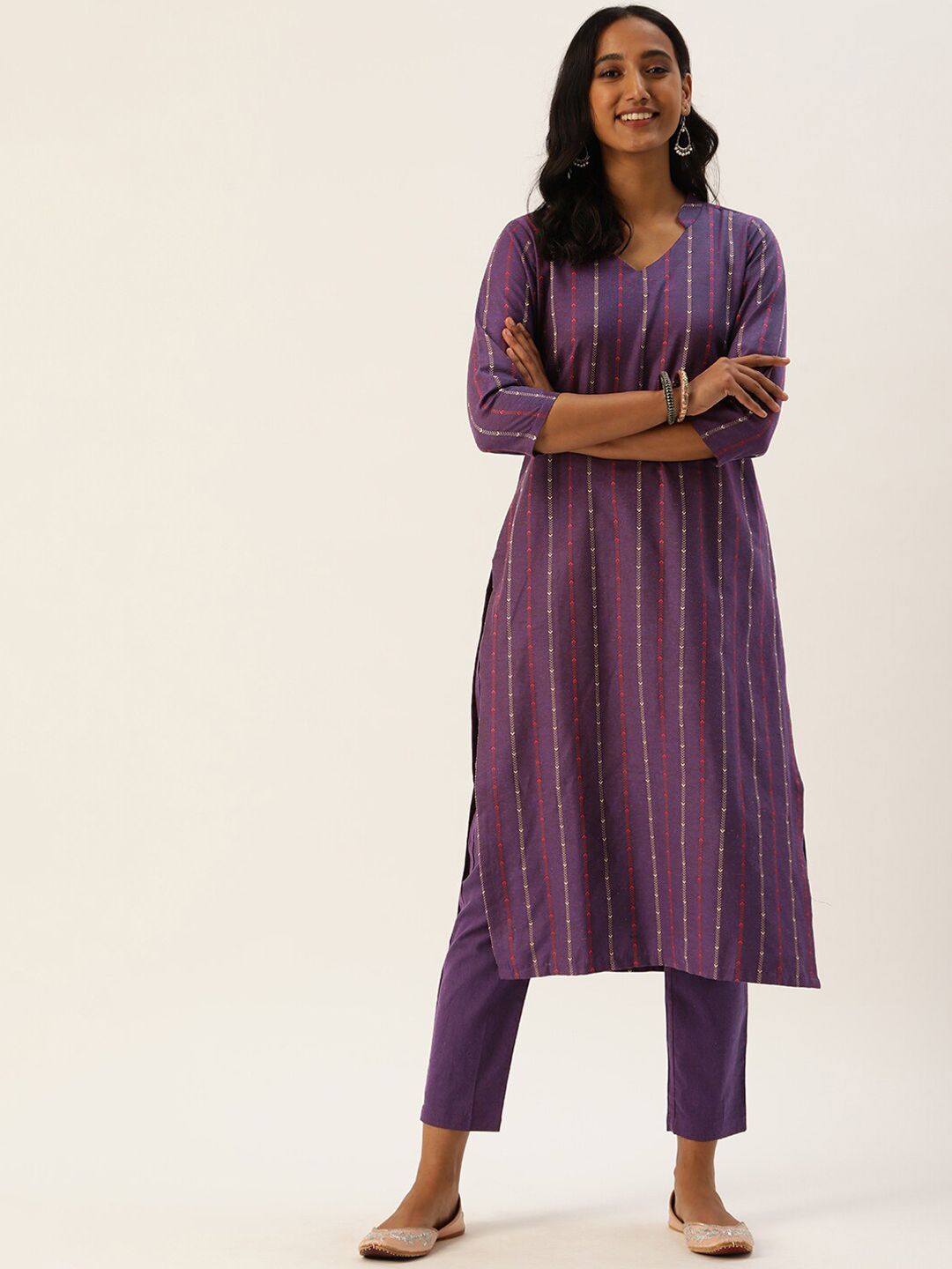 KALINI Striped Printed Mandarin Collar Three-Quarter SleevesThread Work Kurta Set