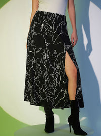 Berrylush Black Abstract Printed A-Line Midi Skirt