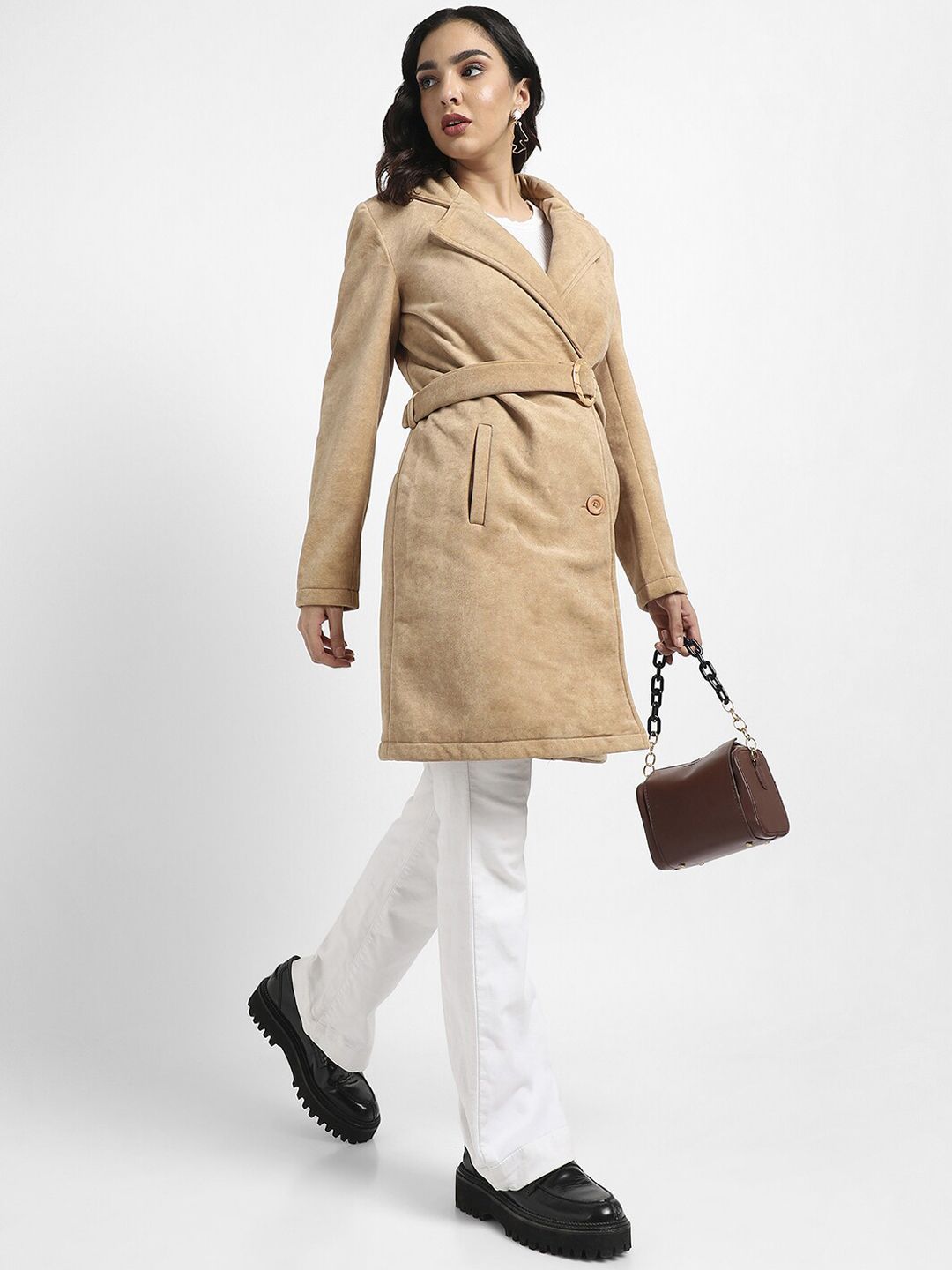 Campus Sutra Beige Single-Breasted Long OverCoat