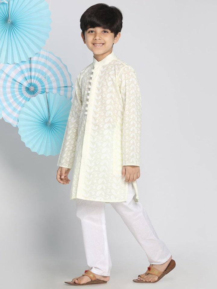 VASTRAMAY Boys Yellow & White Self Design Kurta with Pyjamas