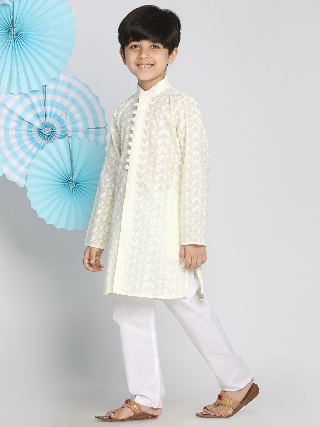 VASTRAMAY Boys Yellow & White Self Design Kurta with Pyjamas