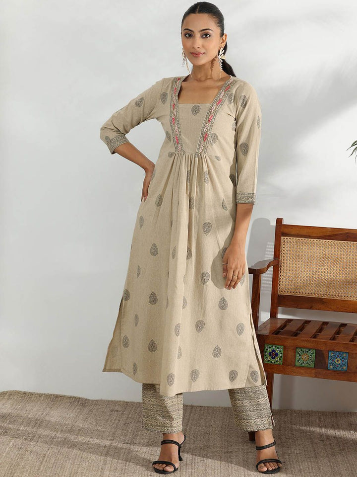 Libas Beige and Black Ethnic Motifs Printed Pleated Sequinned A-Line Kurta with Trousers