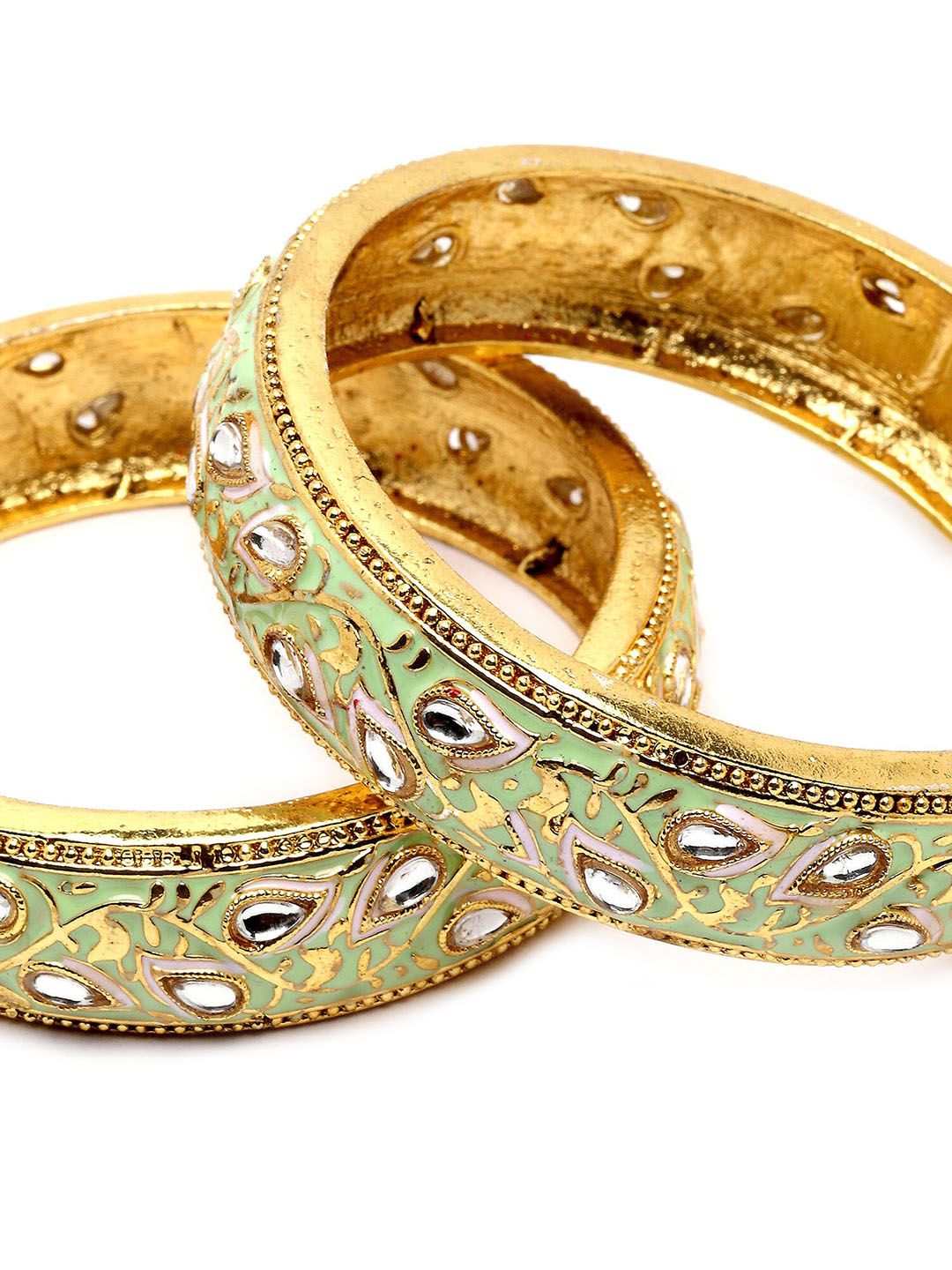 KARATCART Set Of 2 Gold-Plated Kundan-Studded Antique Bangles