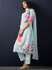 Indo Era Floral Printed Regular Linen Straight Kurta With Trousers & Dupatta